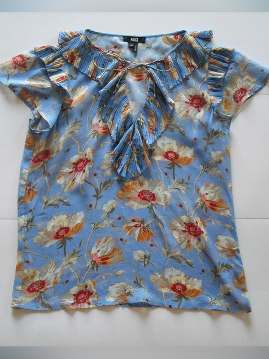 PAIGE Tops - PAIGE Blue Floral Ruffle Tie-Neck Blouse